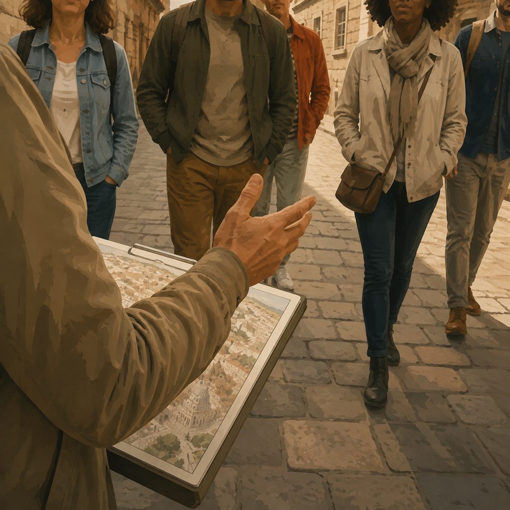 A guide leading a walking tour through a historic downtown.