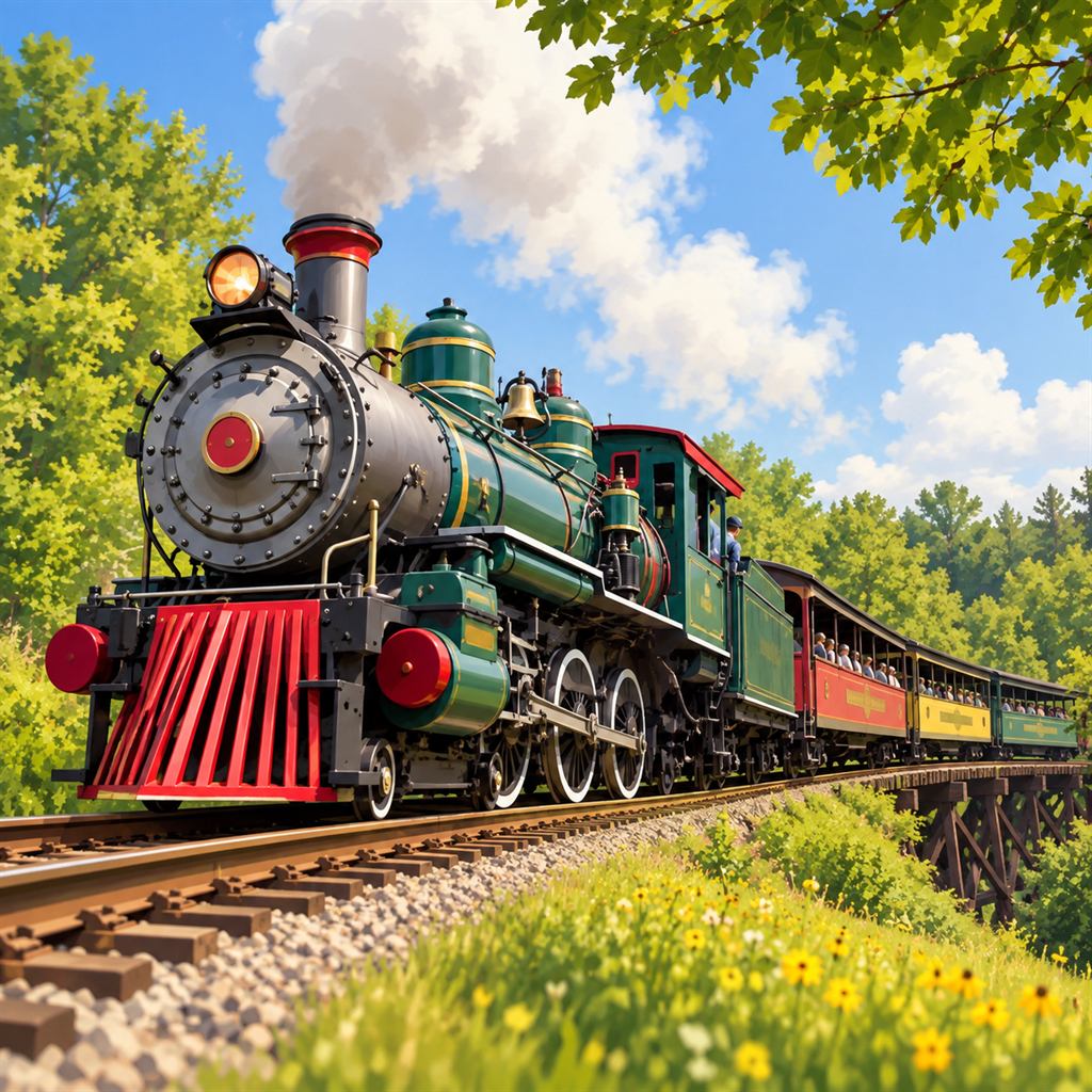 Heritage steam train carrying passengers through green countryside on a scenic train ride.