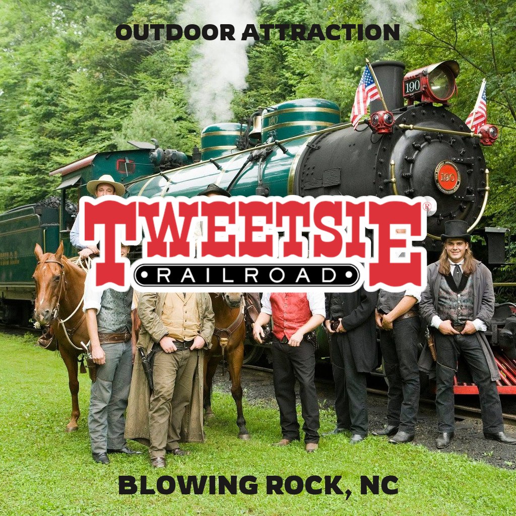 Outdoor attraction at Tweetsie Railroad in Blowing Rock, NC, with steam locomotive and Western cast