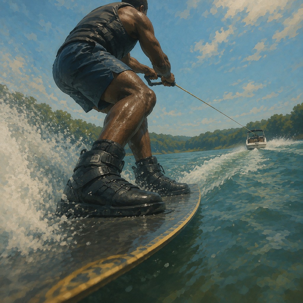 A wakeboarder carving across the wake behind a boat on a wooded lake.
