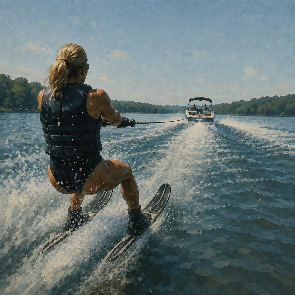 A white woman water skiing behind a boat on a recreational lake.