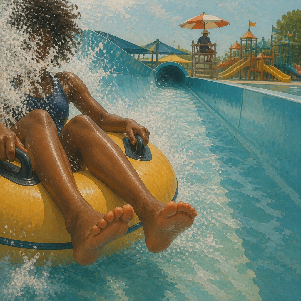 A rider splashing out of a tube slide at an outdoor waterpark.