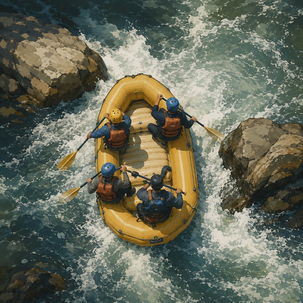 Four paddlers navigating an Appalachian whitewater rapid in a guided raft.