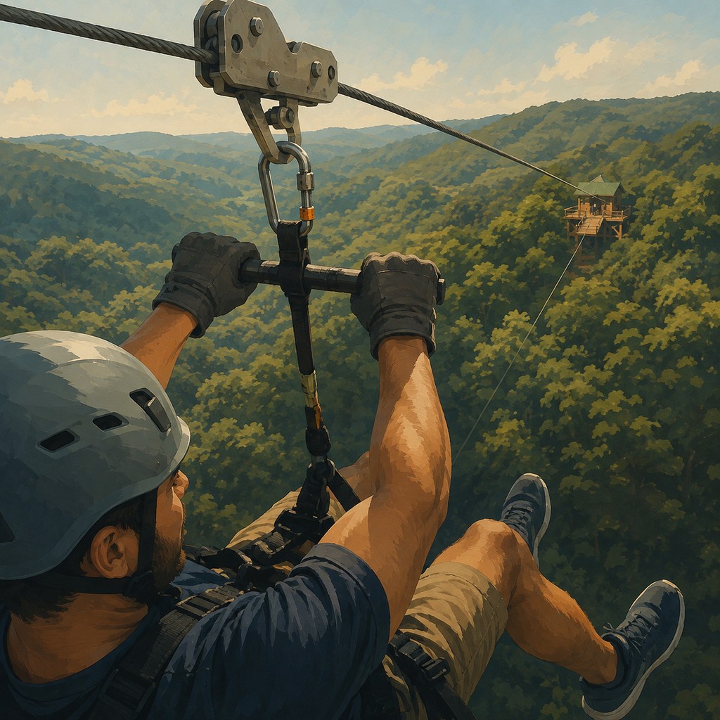 A harnessed rider ziplining safely across an Appalachian forest canopy.