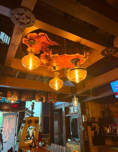 Rustic ceiling lights inside Deadwood restaurant near Williamston, NC