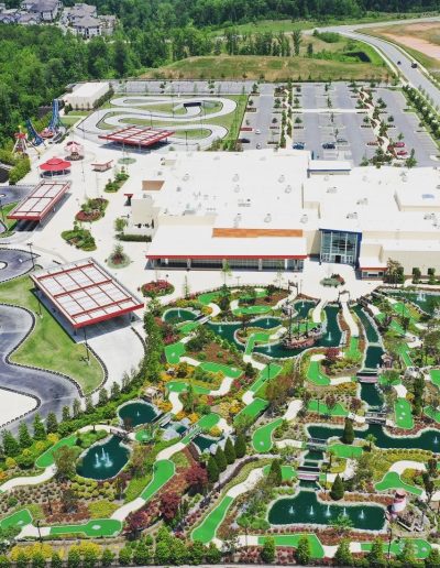 Aerial view of the park, rides and mini golf at Frankie's of Charlotte in Huntersville, NC.