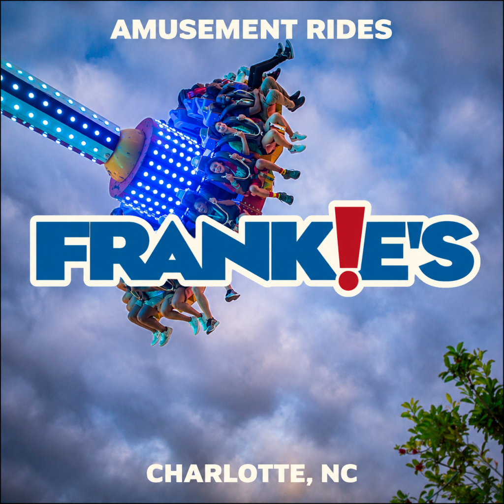 Frankie’s logo centered over an illuminated amusement ride near Charlotte in Huntersville, NC.