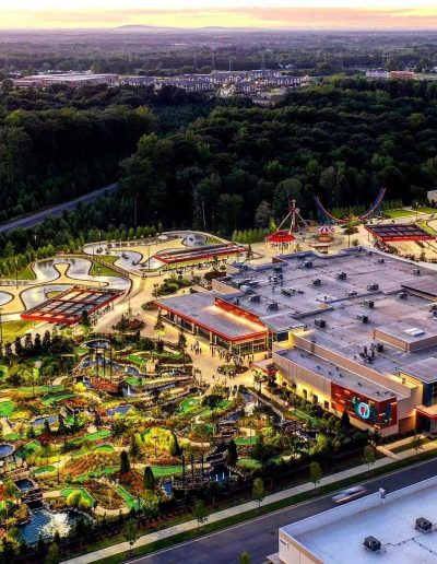 Aerial sunset view of the entertainment park at Frankie's of Charlotte in Huntersville, near Mooresville.