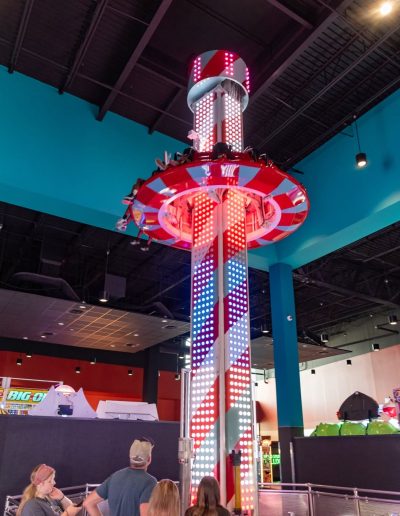 Indoor Drop Zone tower with illuminated seats at Frankie's of Charlotte in Huntersville, NC.