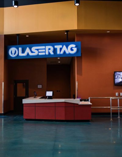 Laser tag entrance and check-in counter at Frankie's of Charlotte in Huntersville, NC.