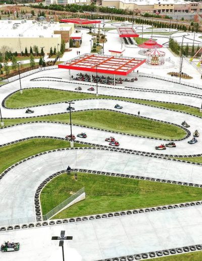 Aerial view of winding go-kart tracks at Frankie's of Charlotte in Huntersville, NC.