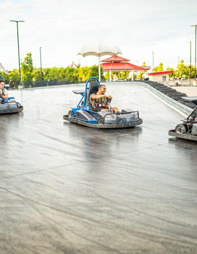 Go-karts spread across an outdoor curve at Frankie's of Charlotte in Huntersville, near Concord.