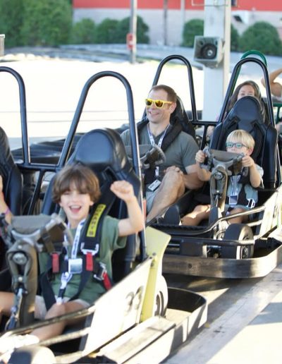 Go-kart riders waiting in the loading area at Frankie's of Charlotte in Huntersville, near Belmont.