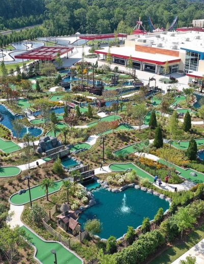 Aerial view of mini-golf greens and ponds at Frankie's of Charlotte in Huntersville, near Kannapolis.