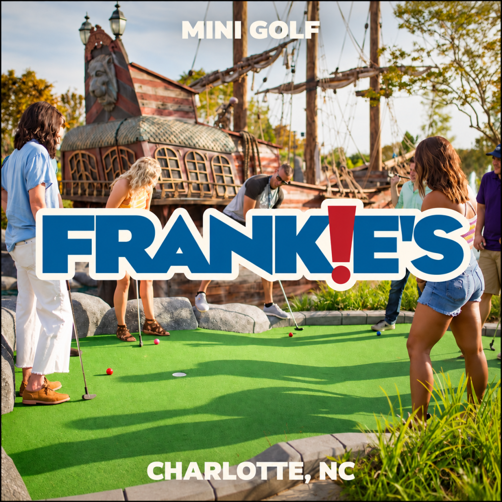 Frankie’s logo centered over mini golf players and pirate-ship scenery near Charlotte in Huntersville, NC.