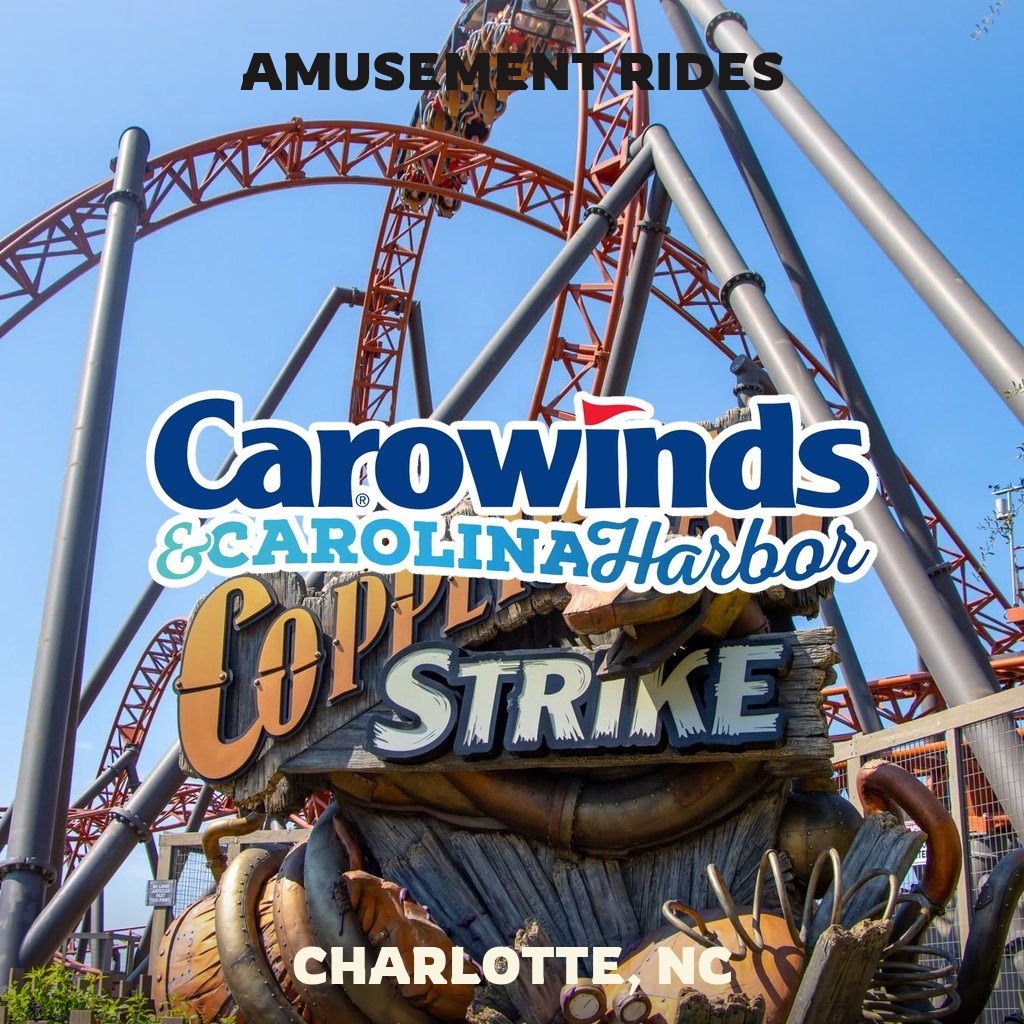Amusement rides at Carowinds in Charlotte NC with coaster and Carowinds logo